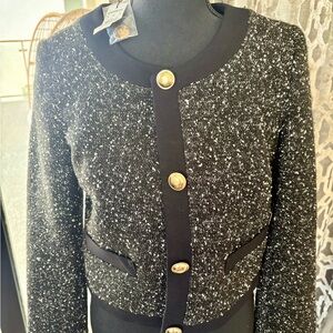 Chic Black and White Tweed Jacket with Gold Buttons